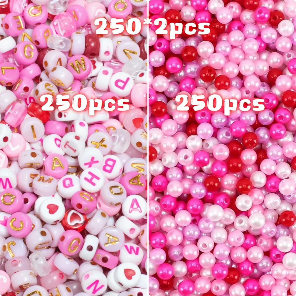 Perline rosa miste con lettere e perline rotonde, perline acriliche, design misto, 2 piccole buste, braccialetto fai da te, collana, ciondolo, decorazione