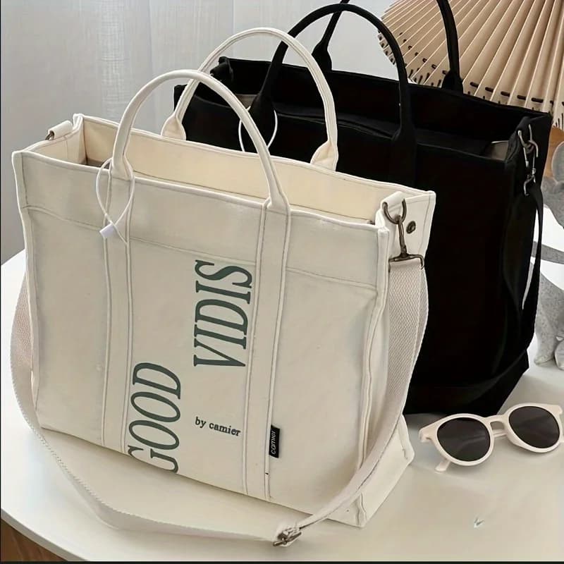 Borsa Tote in tela con stampa di lettere, comoda borsa a tracolla con tracolla larga, borsa a mano Versatile letteraria per scuola, viaggi, Shopping