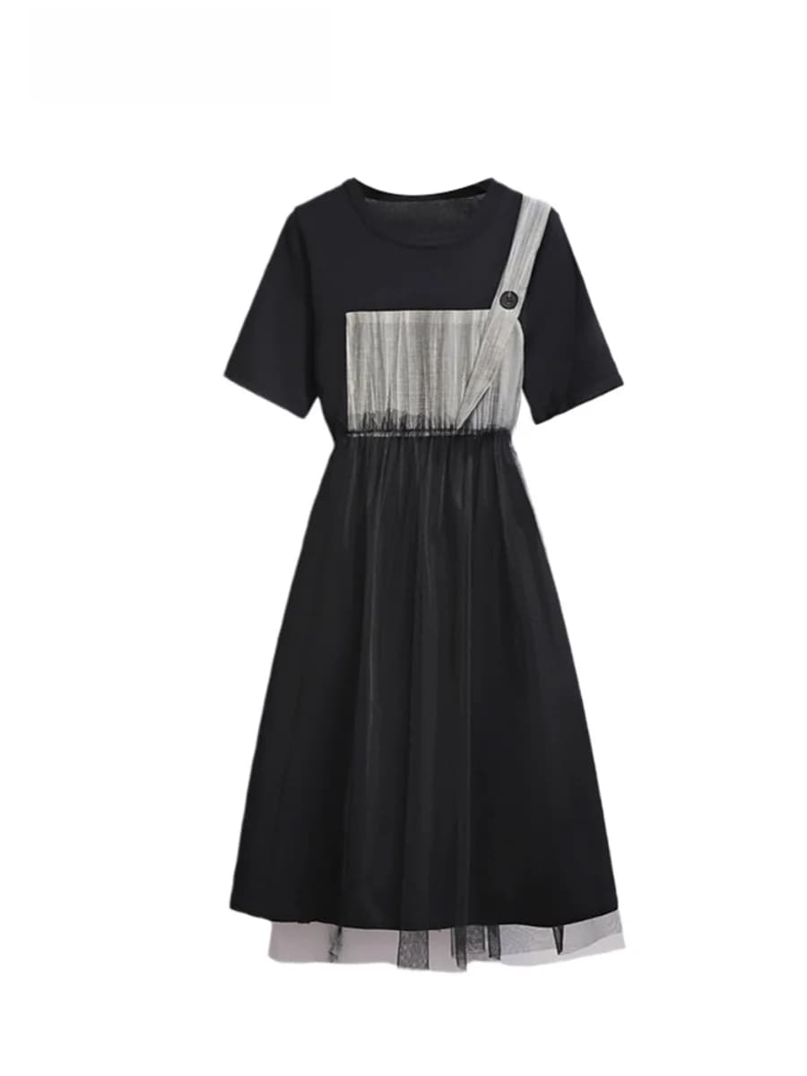 CaraCLUB plus Size Patchwork Midi Dress Women Summer Slimming Waist Cinched Flared Skirt Korean Style round Neck Short Sleeve