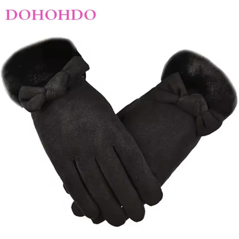 Guanti neri in pelle scamosciata da donna Sport all'aria aperta Velluto caldo antivento addensato Moda carino Guanti da moto da equitazione Guanti Invierno