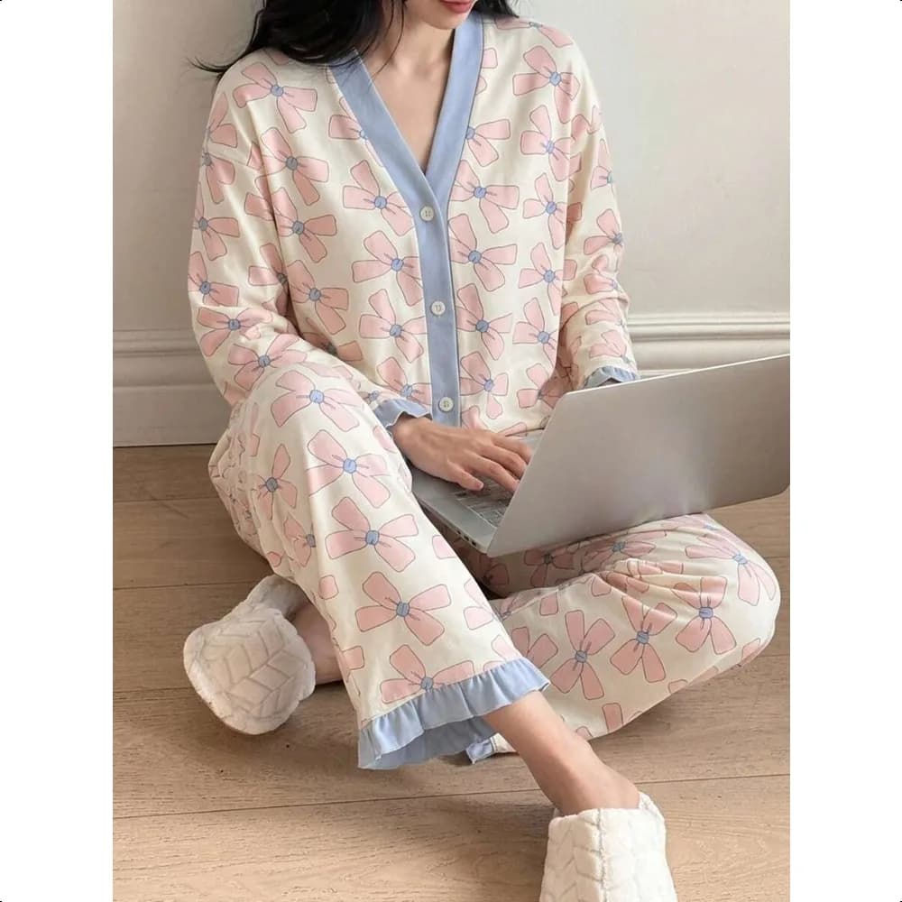 Women V-Neck 2Pcs Pajama Set, Long Sleeve Shirt & Long Pants, Soft Skin-Friendly Loungewear for Spring Autumn Winter