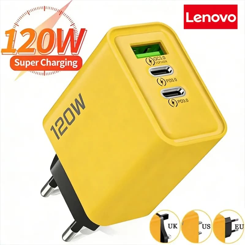Lenovo 120W 4-Ports Ultra Fast Charging Type-C GaN Phone Charger USB-C QC 3.0 Super Charging Adapter For IPhone Huawei Samsung