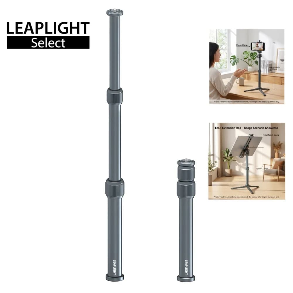Treppiede Leaplight interamente in lega di alluminio, asta di prolunga con asse centrale, selfie stick da tavolo estensibile.