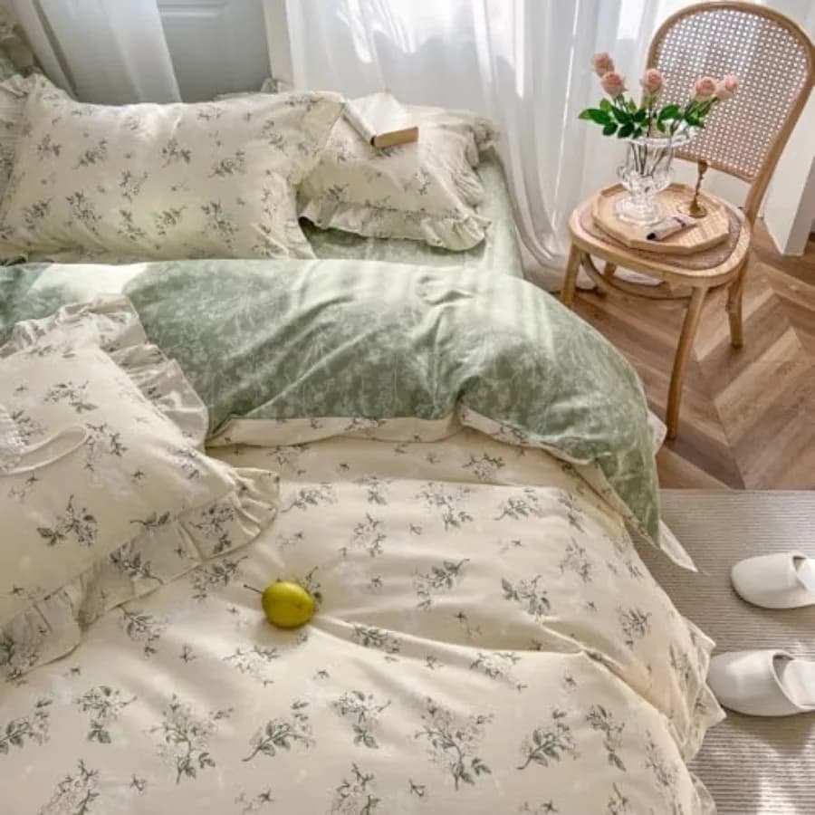 Reversible Sage Green Floral Duvet Cover Set Queen Size - 100% Cotton Cute Botanical Patterns Bedding Set with Ruffle Lace, 3PC