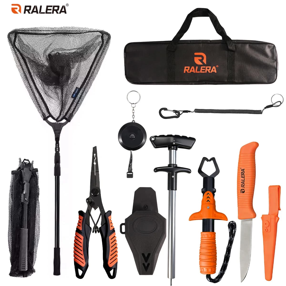 Kit Completo per la Pesca: Guadino Estensibile in Alluminio da 1,2 m, Pinze in Titanio Nero, Coltello da Filettatura Galleggiante e Borsa Porta Guadino