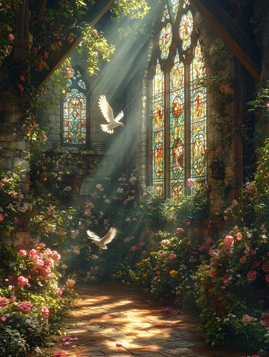 Puzzle Gotico da 1000 Pezzi con Chiesa e Giardino, Vetrata e Piccioni Bianchi, Giochi Educativi, Puzzle Colorati, Regali, Decorazioni per la Casa