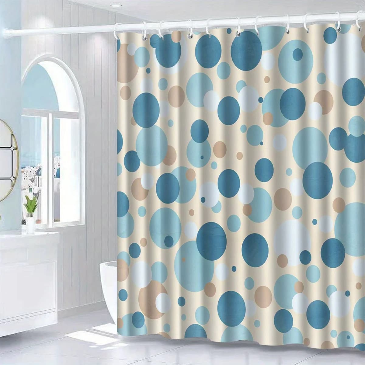 1pc Blue Round Pattern Shower Curtain with Hooks, Bathroom Partitions, Bathroom Accessories, Home Decoration
