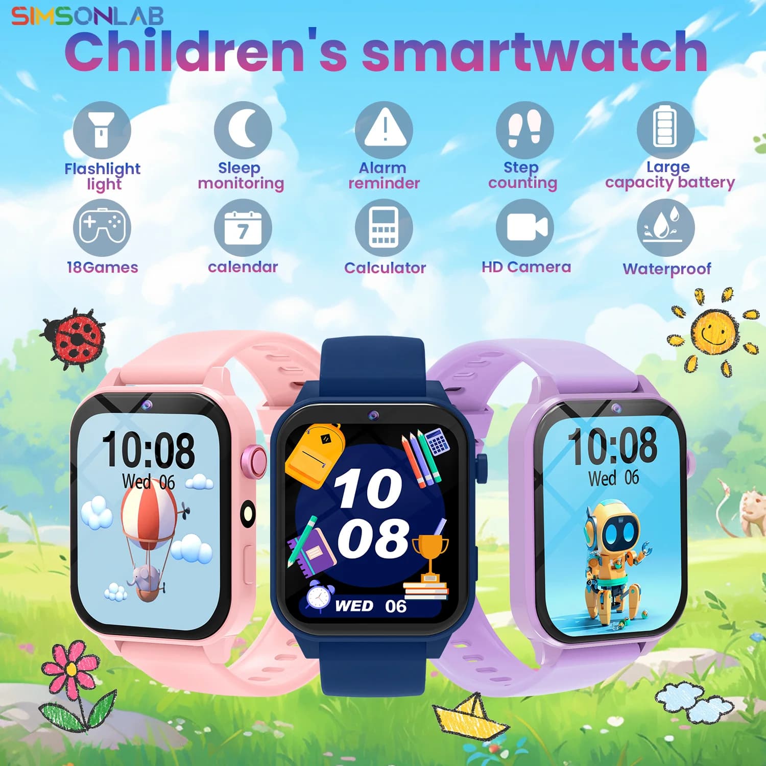 SIMSONLAB Nuova fotocamera Smart Watch per giochi per bambini Touch screen HD Monitor del sonno Torcia elettrica Sveglia Partner Regalo di compleanno Ragazzo