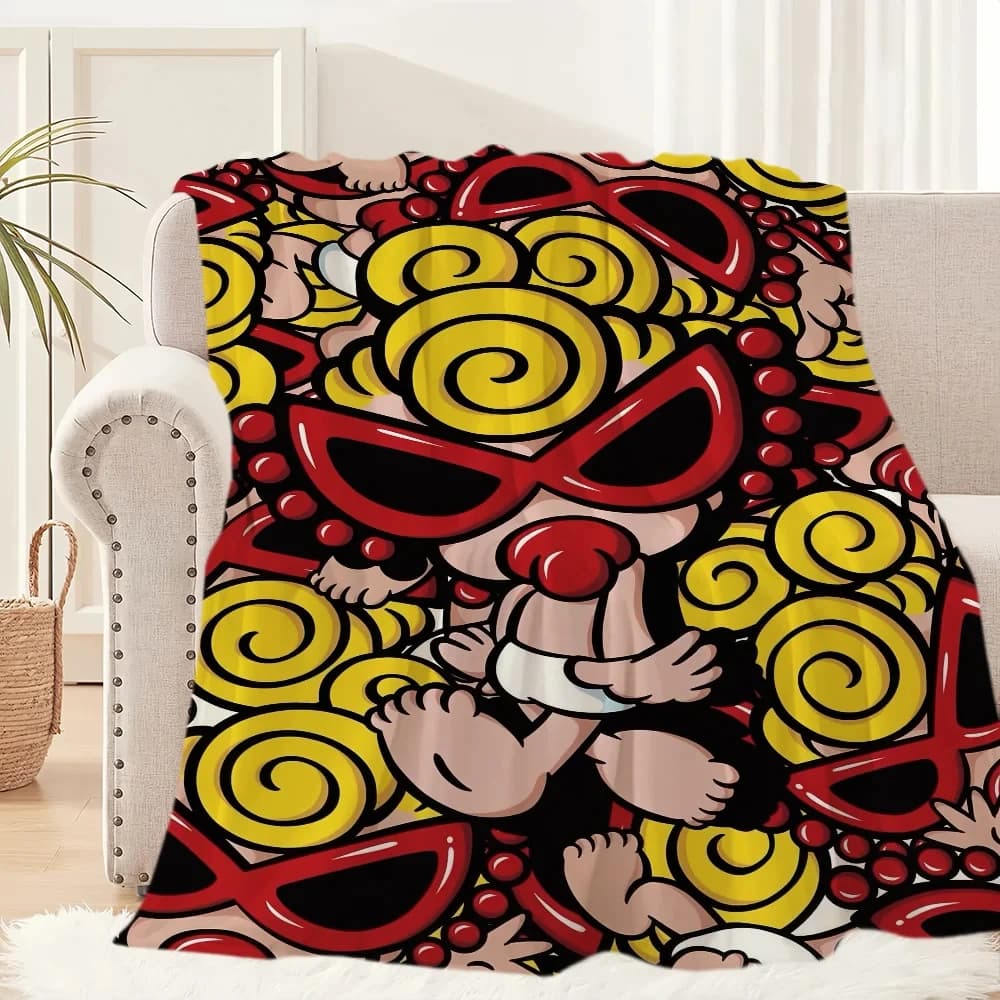 Coperta in flanella Monchhichi con occhiali da sole rossi, stampa su un solo lato, morbida coperta in flanella per camera da letto, soggiorno, divano, decorazione, regalo divertente e originale