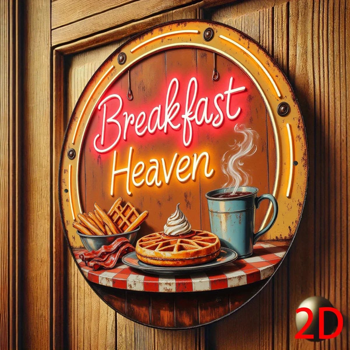 2D Metal Sign, Retro Breakfast Diner Neon Style Metal Wall Art, Heavy Iron Plate with Bacon Waffle Coffee Cup, Pre-Drilled for E