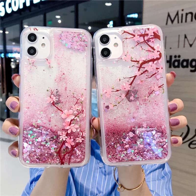 Custodia carina con sabbie mobili per iPhone 17 Pro Max 16 14 15 Plus 2025 17 morbida donna fiori di pesco copertura del telefono sabbia dinamica Fundas