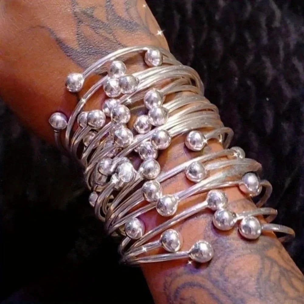 Multi-layer Silver Bead Open Cuff Bracelet Stackable Adjustable Silver Bangle Boho Fashion Jewelry For Women