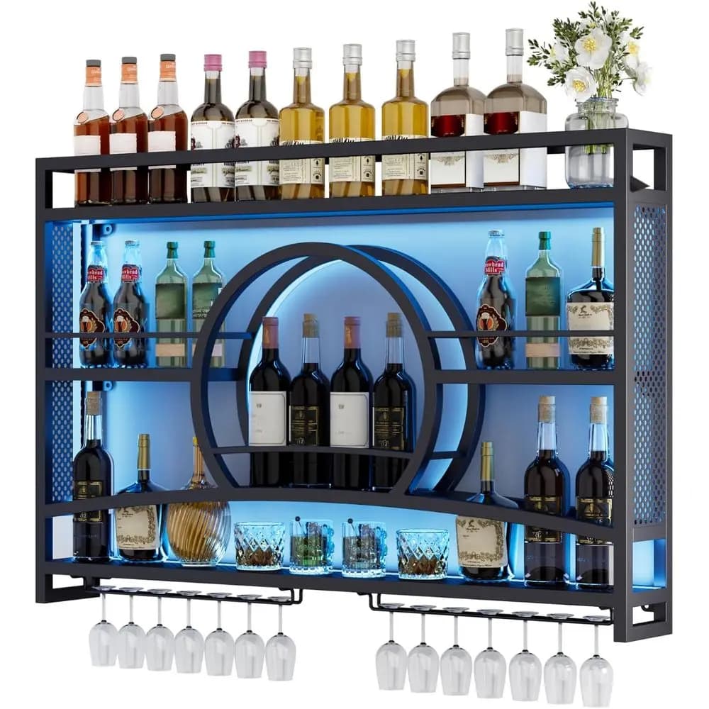 Portabottiglie da parete a 3 livelli da 46 pollici con luce a LED, ripiani da parete per liquori a forma di tramonto con espositore in metallo con supporto in vetro
