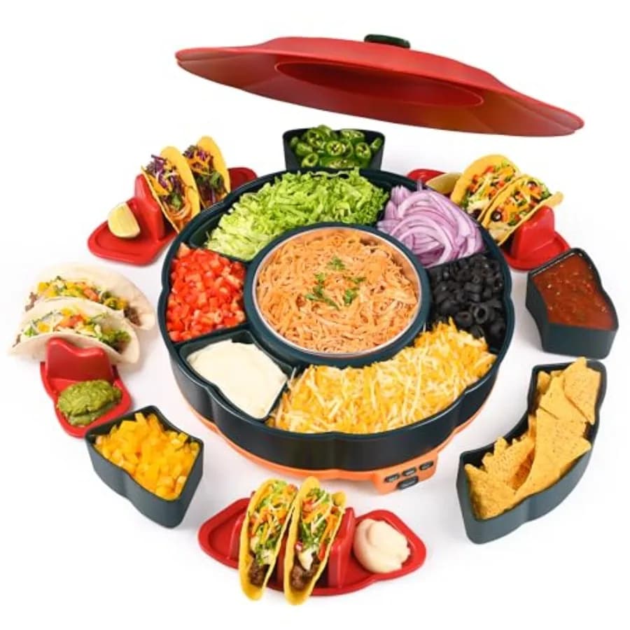 Kit Taco Tuesday: Set da portata Taco Bar per feste con pentola riscaldata da 33oz a 3 temperature, 6 vassoi rimovibili e 4 porta-taco Lazy