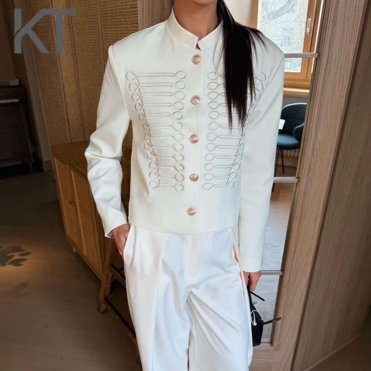 KT Vintage Military Style Blazer For Women Stand Collar Frog Button Embroidery Gold Button Fitted Waist Daily & Formal Jackets