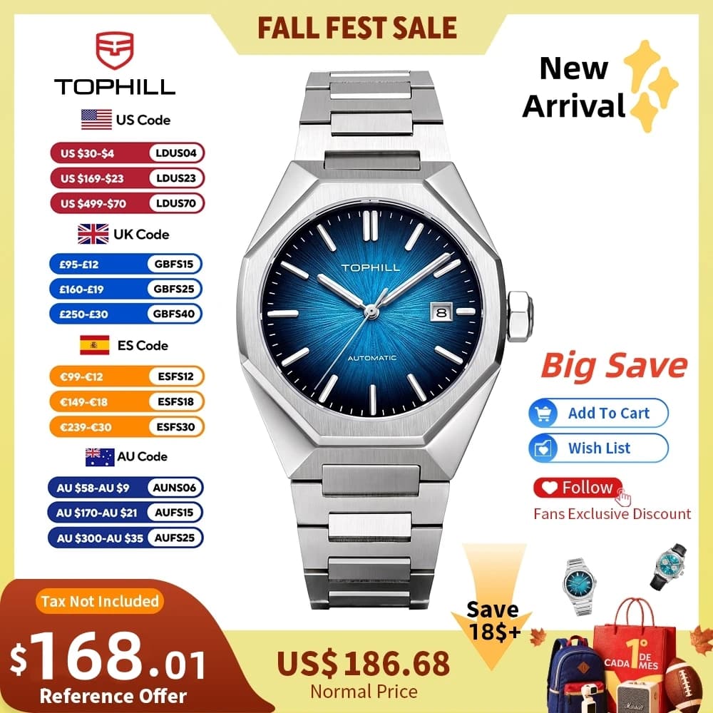 TOPHILL 39mm Miyota 8215 Mechanical Watches Men Automatic See-Through Caseback Butterfly Clasp 5ATM Luminous TW102G