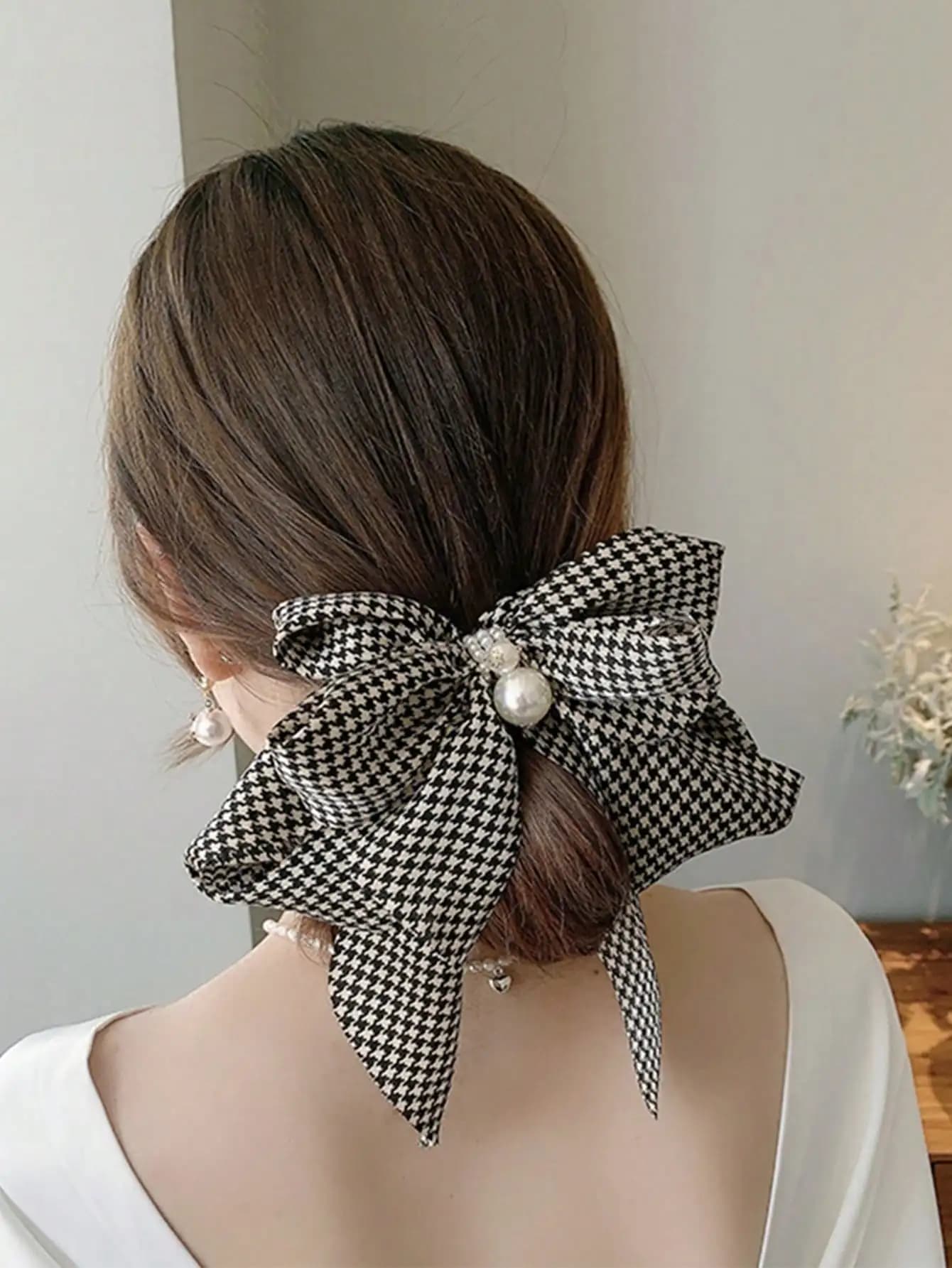 1 Pezzo Fermaglio per Capelli da Donna con Fiocco Fantasia Pied-de-Poule e Perle Finte, Clip a Molla e Fermagli a Granchio per Uso Quotidiano, S