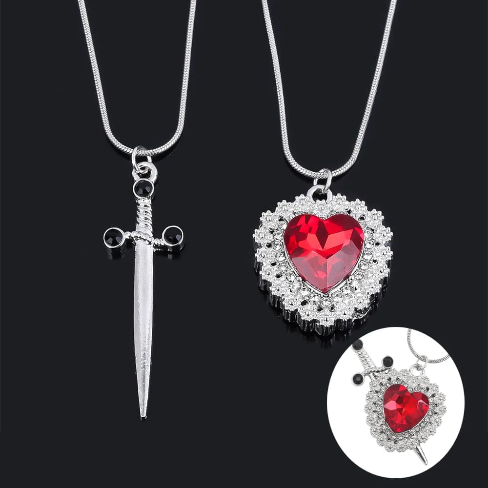 A Set Red Heart and Sword Couple Necklace Collarbone Chain Sword Necklace Fashion Accessories for Women Gift