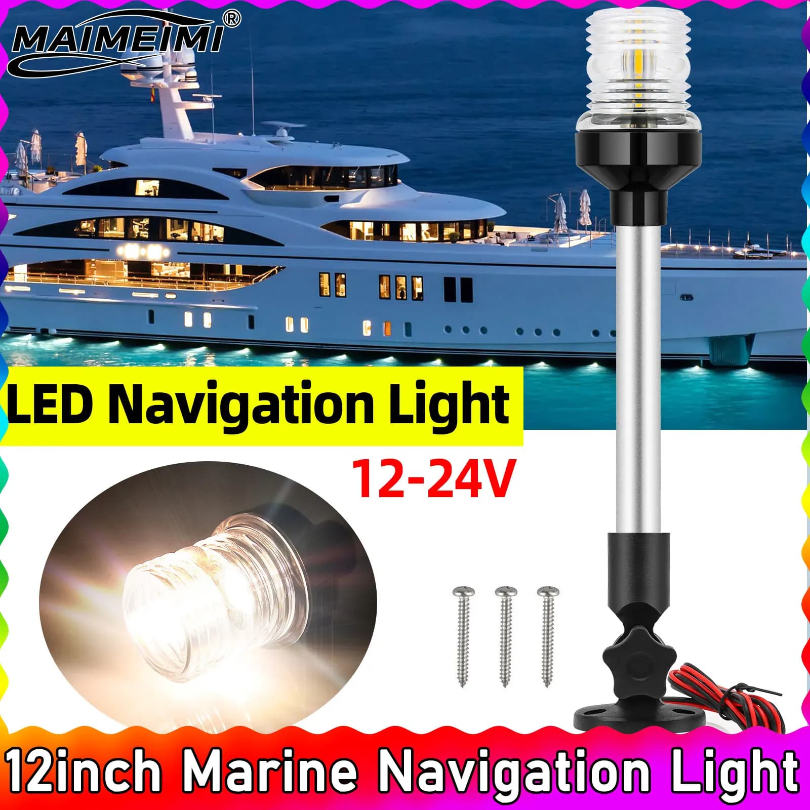 Luce di navigazione marina a LED da 12 pollici Lampada da vela per barche Luce di ancoraggio di poppa 360 ° Luce per barca rotonda da grado impermeabile