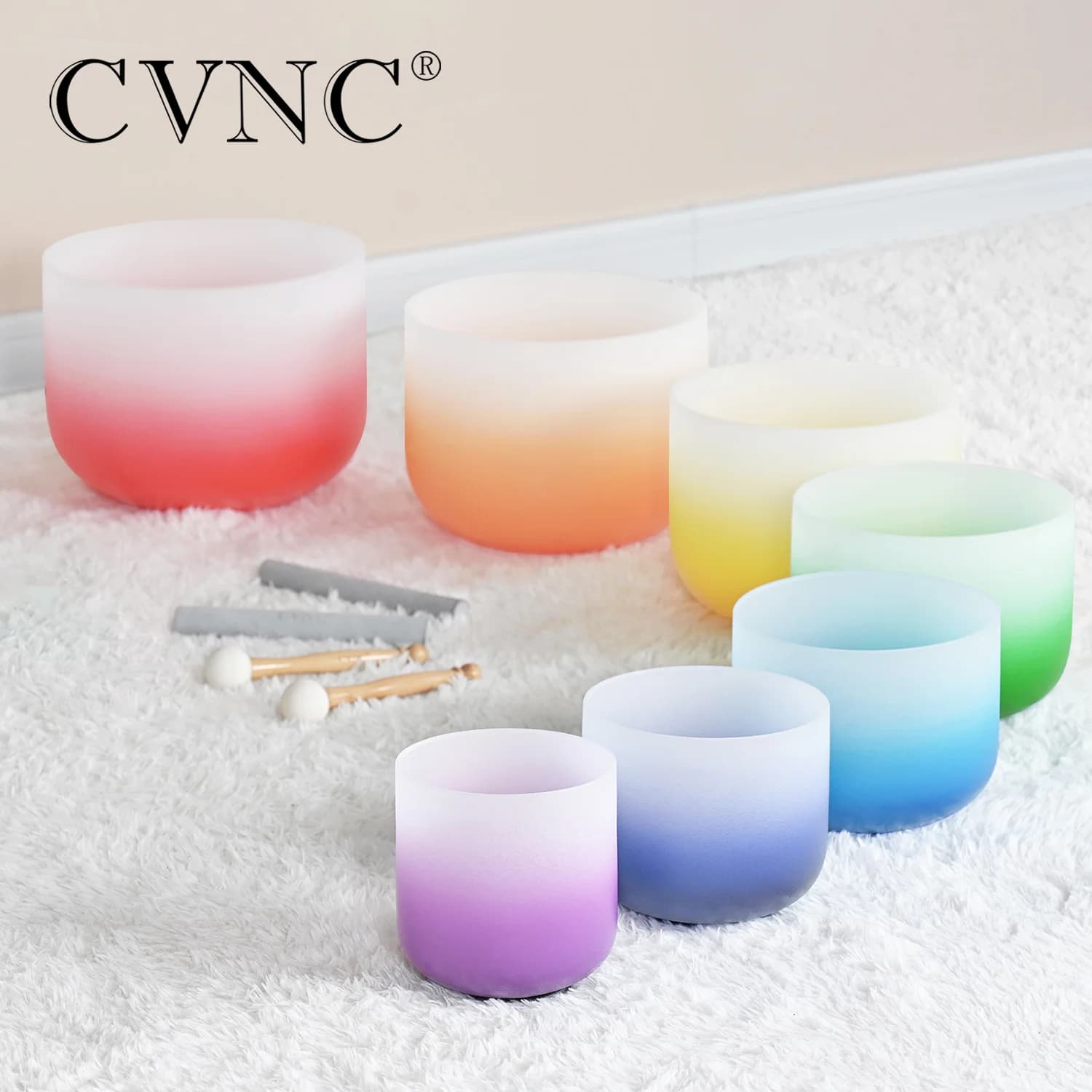 CVNC 6-12 Inch Colored Frosted Quartz Crystal Singing Bowls 7 chakra set for sound healing instrument with Bag