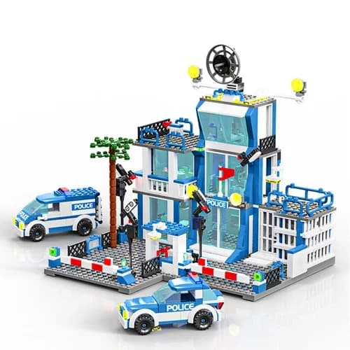 Nuovo set da 826 pezzi: la stazione di polizia blu, scena urbana con due auto della polizia e accessori. Regalo di compleanno per bambini e bambine.