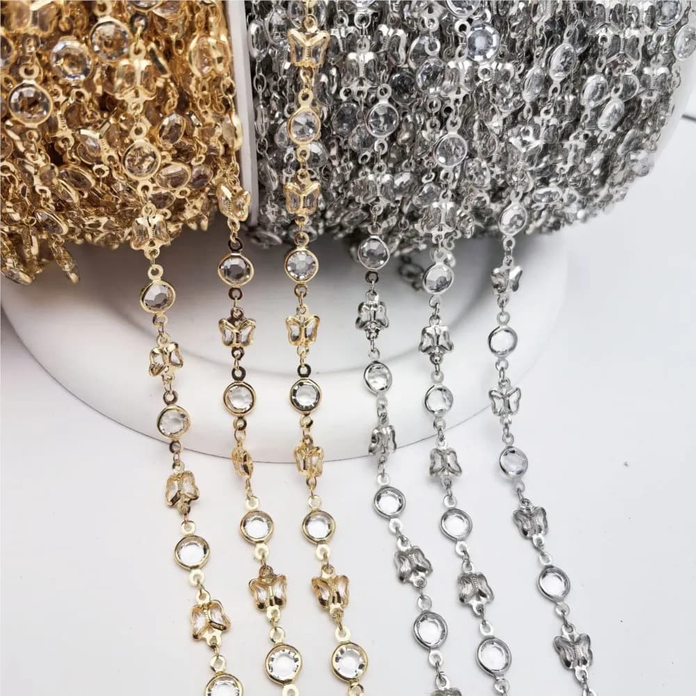 1m Butterfly Charms Chains Crystal Pearl Rhinestone Beaded Copper Chain For Clothing Bracelet Necklace Jewelry Making DIY Supply