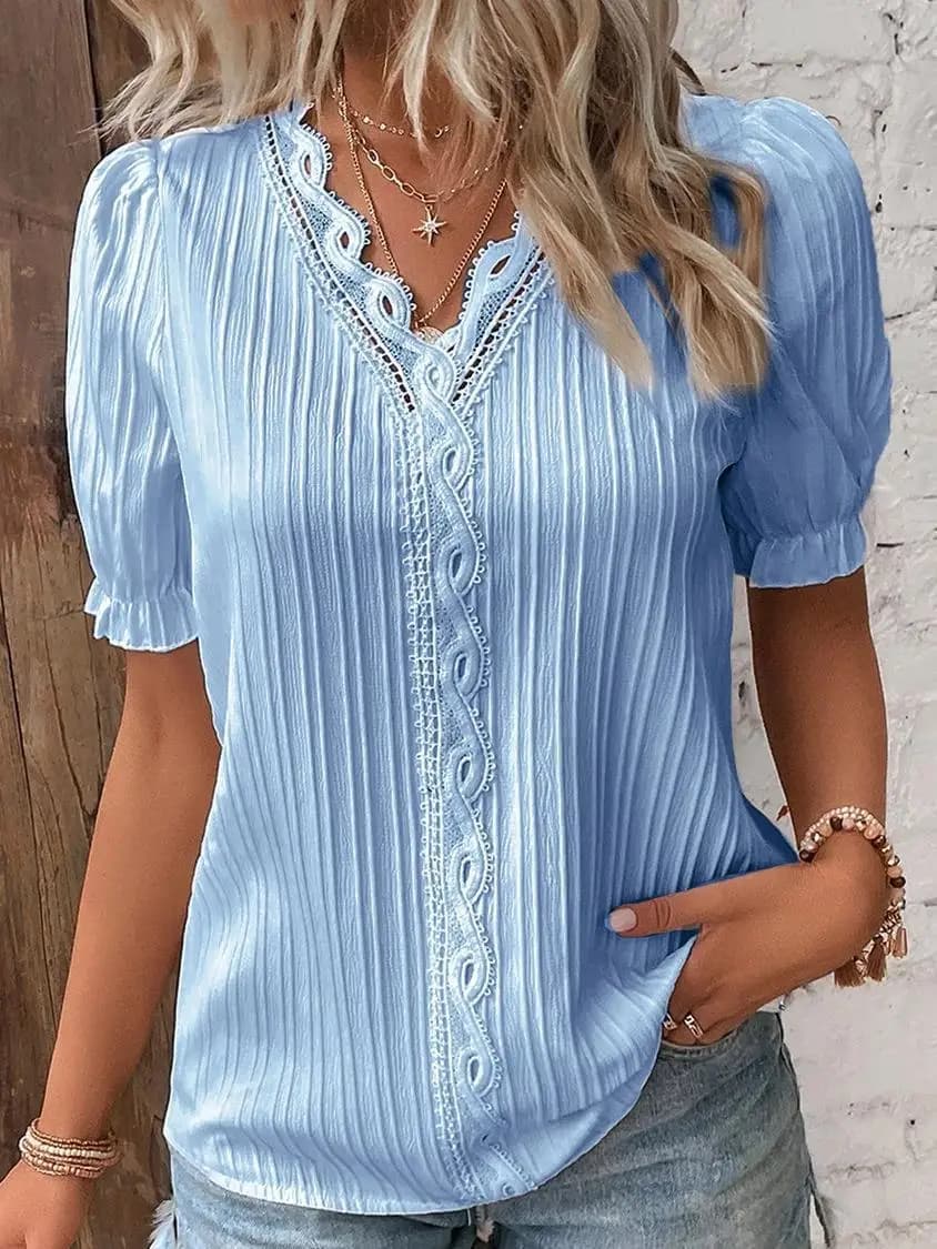 Camicetta da donna elegante camicia con scollo a V patchwork in pizzo camicie a maniche corte per donna top estivi da donna bianco