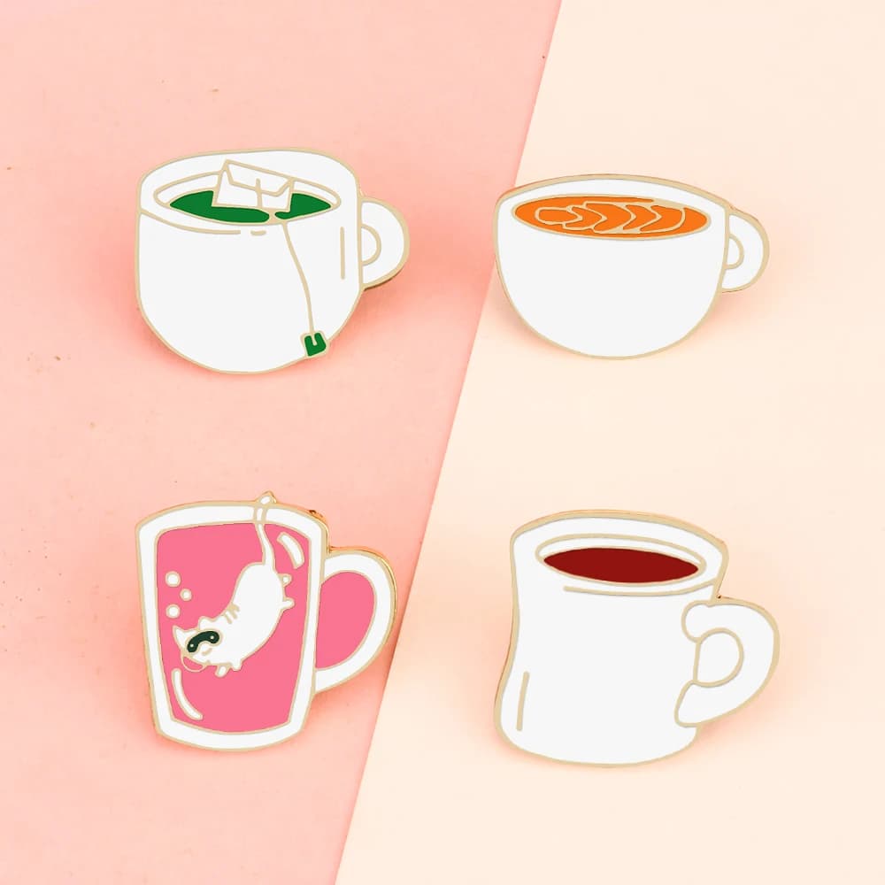 4 Style Drink Enamel Pins Creative Tea Cup Green Tea Coffee Brooch Metal Badges Jewelry Lover Lapel For Clothes Decoration Gifts