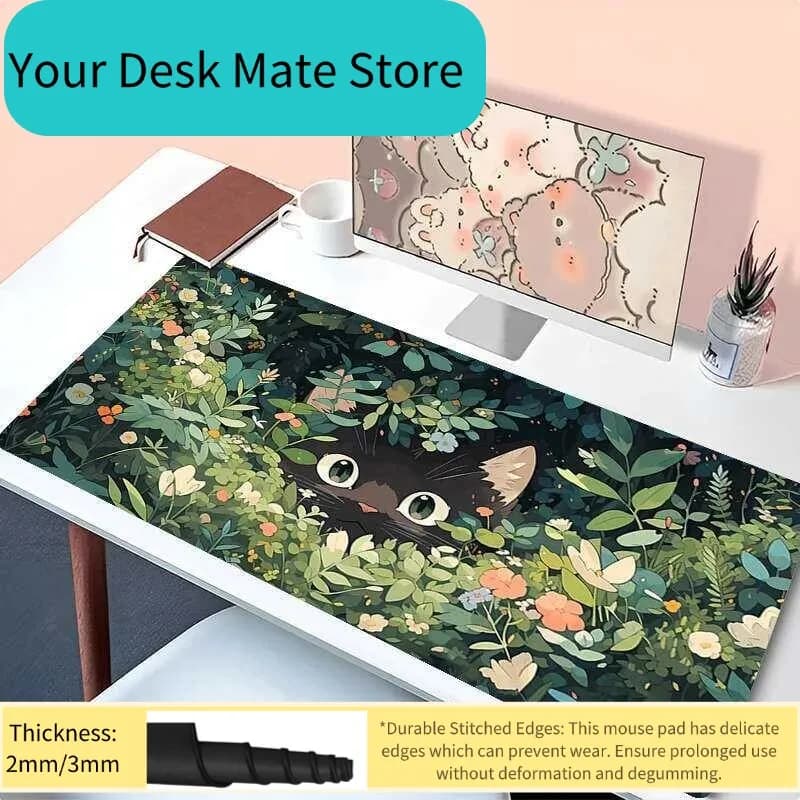 Tappetino per mouse piante verdi Computer Fiori Gatto Tappetino da scrivania da gioco Grande Anime Gamer Cabinet Mousepad Laptop Tappetino da scrivania esteso Kawaii