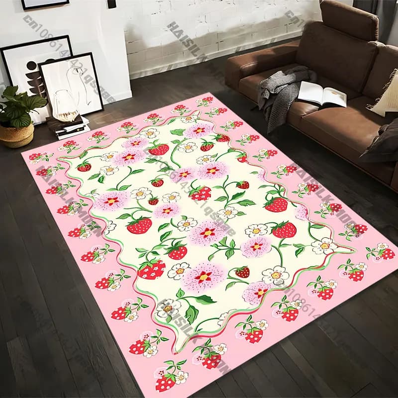Printed carpets with lively pattern of strawberries and flowers in 21 different sizes, yoga mats for adults, decorations for the living room, customized zerbini