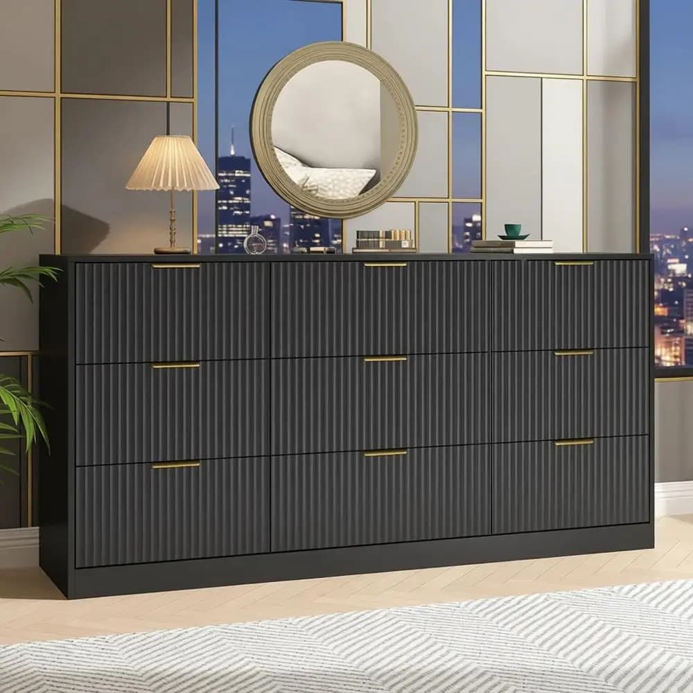 Cassettiera Nera a 9 Cassetti con Maniglie in Metallo e Cassettiera Lunga da 63 Pollici per Camera da Letto, Soggiorno