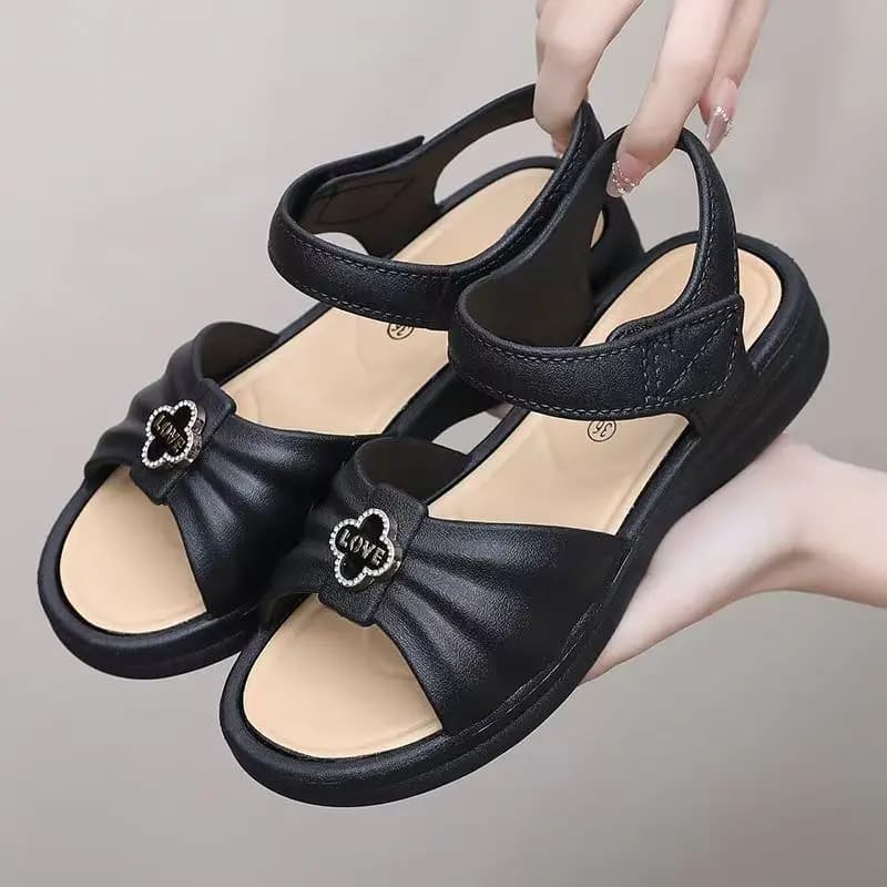 2026 Summer New Women's Wedges One Word Washable Sandals Soft Sole Velcro Outdoor Beach Sandals Middle Aged And Elderly Sandals
