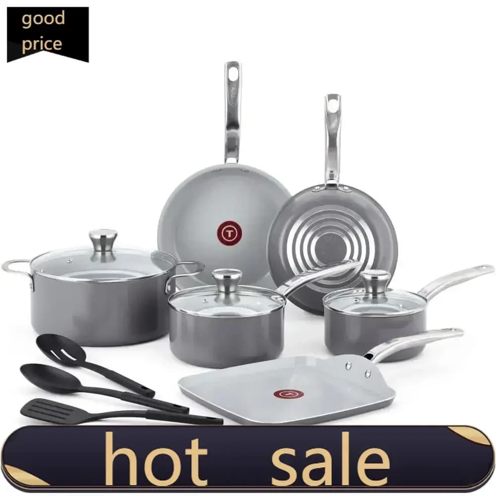 Activity price 5Popular12-Piece Recycled Non-Stick Cookware Set with Frying Pans, Saucers, Dutch Oven, and Utensils, Grey