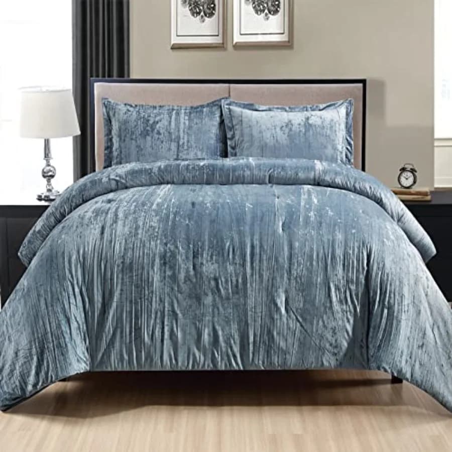 Set Copripiumino in Velluto Stropicciato 3 Pezzi Blu Queen, Lato Fronte in Velluto Stropicciato e Retro in Microfibra Spazzolata con Imbottitura Leggera in Poliestere