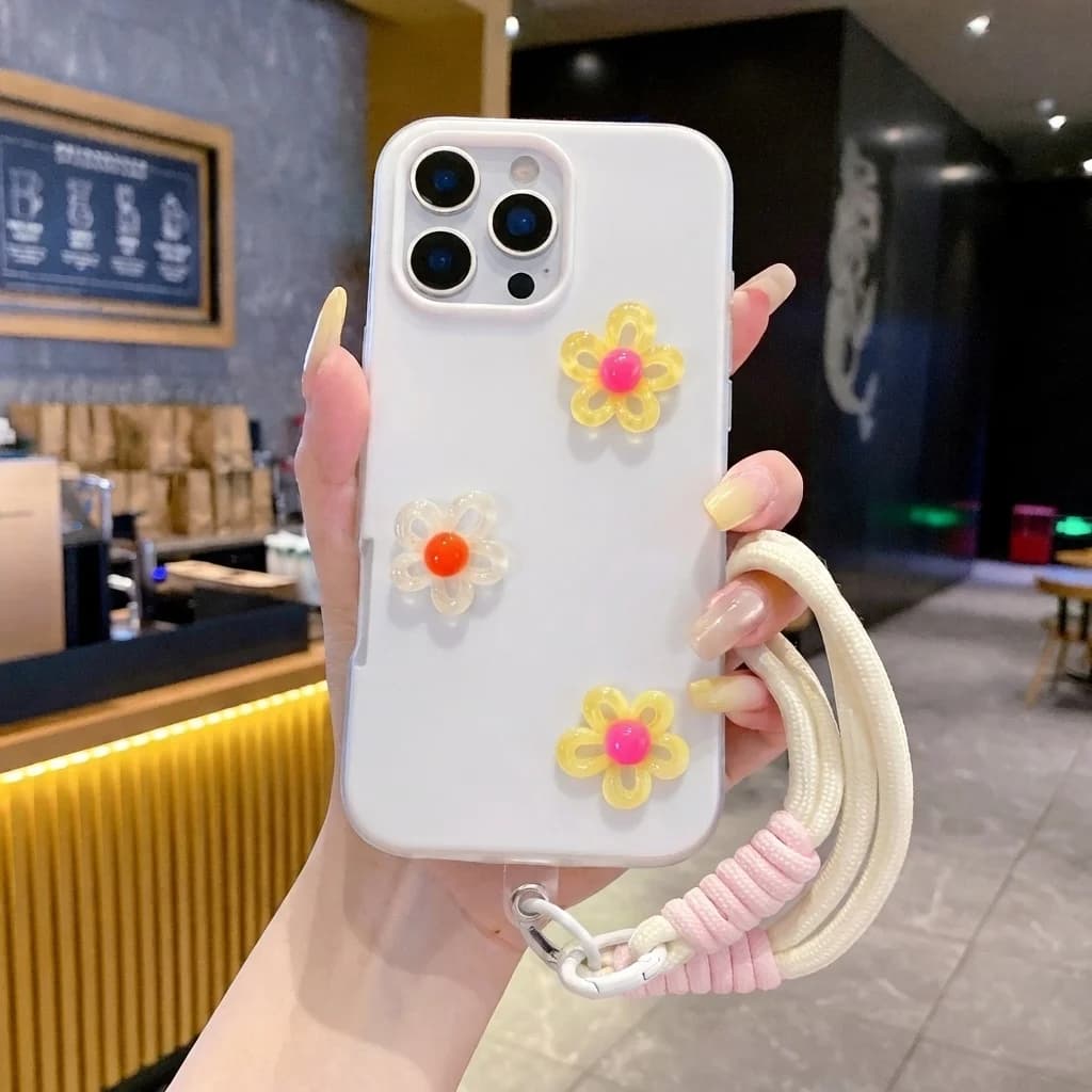 Candy Color With 3D Diy Flower Lanyard Case For iPhone 17 16 15 14 13 12 Pro Max 17 16 15 Pro 16 15 14 Plus XR Shockproof Cover