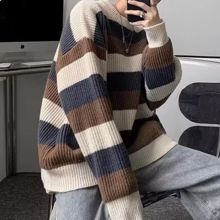 Maglione lavorato a maglia Colorblock a righe da uomo Autunno Inverno Spessore allentato caldo O-Collo Manica lunga Pullover morbido Pullover elastico Maschile
