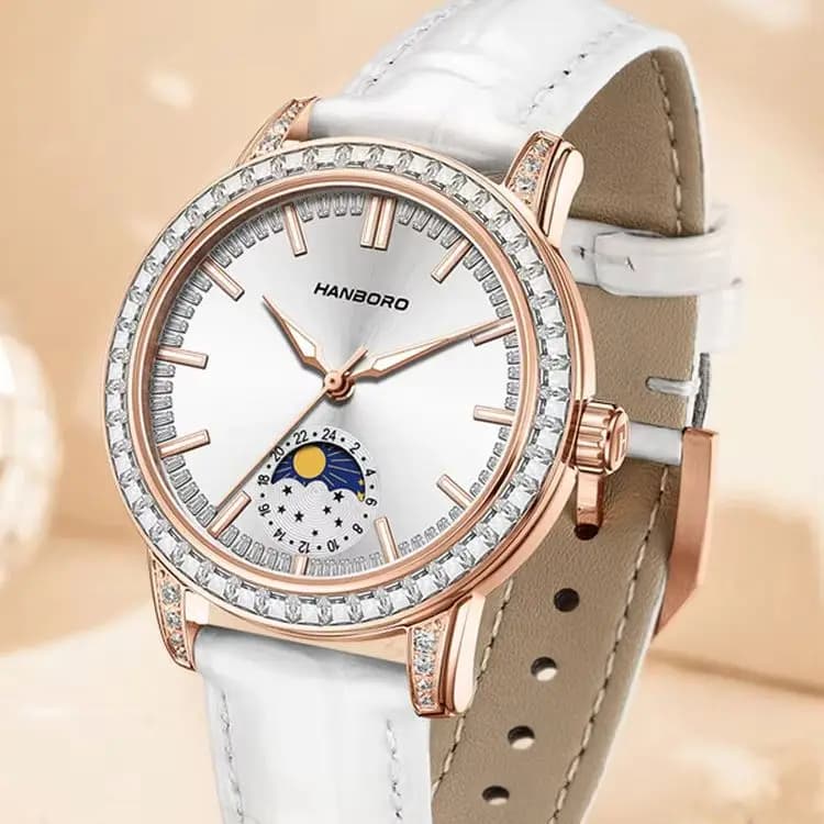 HANBORO Women Quartz Watch Vintage 34mm Ladies Wristwatch Sapphire Mirror Sun-moon Dial