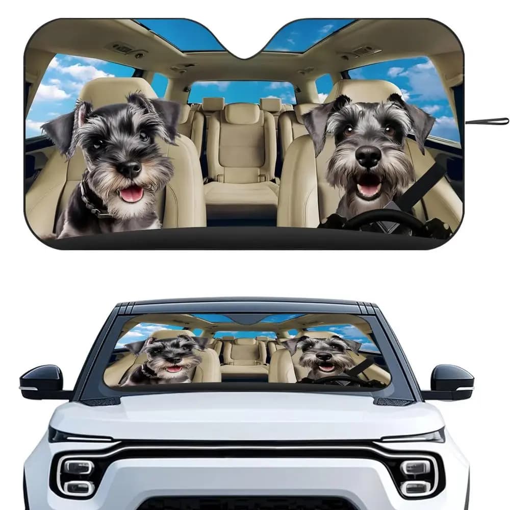 Parasole per auto a forma di Schnauzer in miniatura, riutilizzabile, in lamina di alluminio, protezione UV, isolamento termico a cinque strati