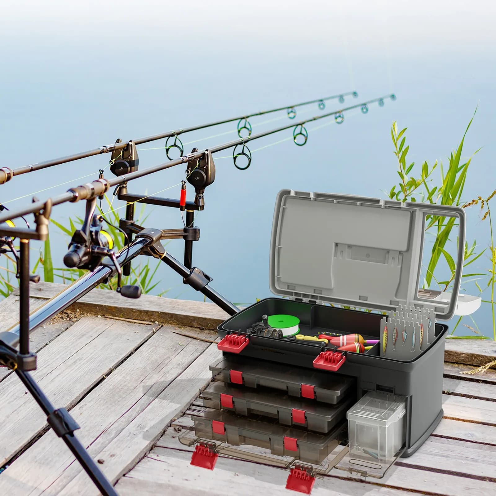 Scatola porta attrezzi da pesca a 5 strati con divisori e vano superiore, 3 scatole portaoggetti rimovibili