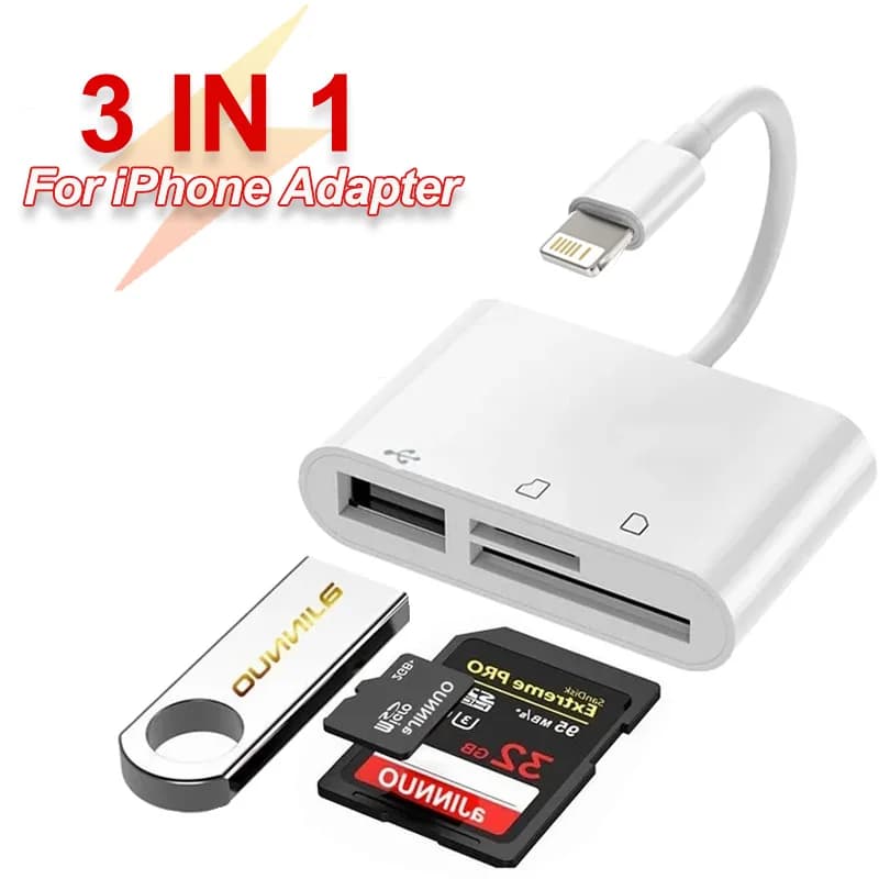Adattatore splitter per lettore di schede SD OTG TF 3 in 1 per trasmissione dati per iPhone 15 14 13 12 11 XR Pro Max XR Android