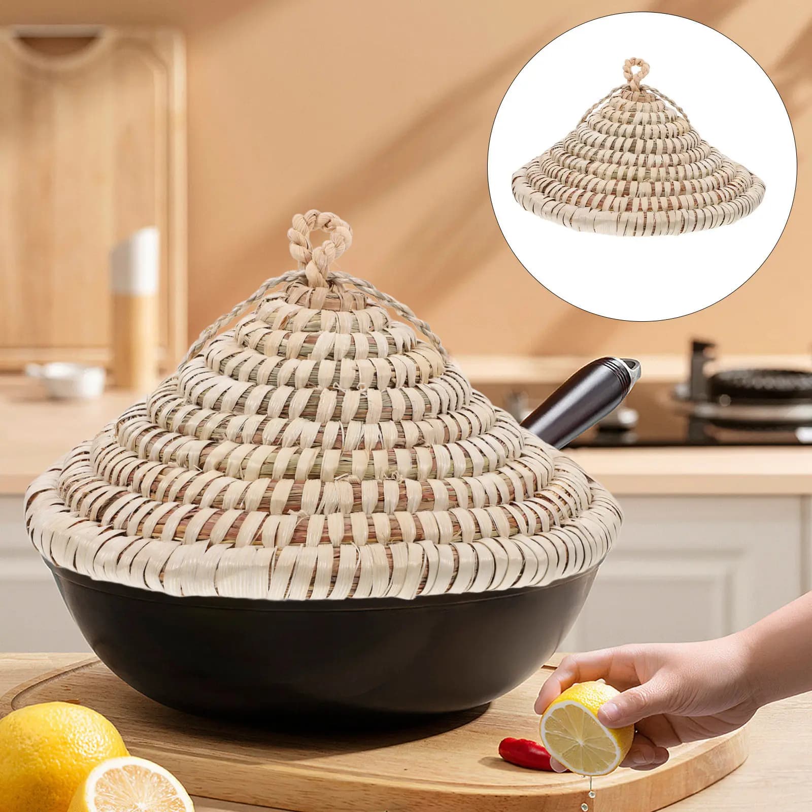 Straw Woven Pot Lid Universal Fit for Cookware Frying Pan Steamer Spill Proof Lightweight Natural Material Kitchen Accessory Eco