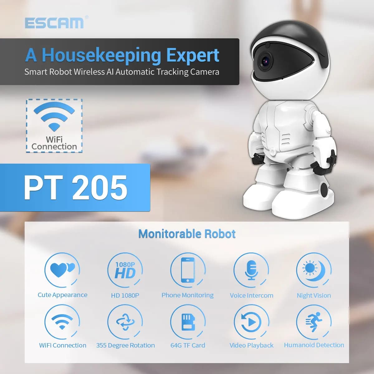 ESCAM PT205 1080P Smart IP Camera Robot WIFI Baby Monitor da interno Visione notturna Smart Home Security Onvif Intercom Baby Monitor
