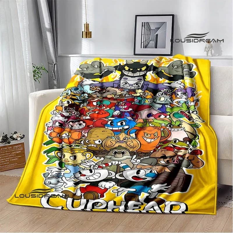 Coperta stampata con cartoni animati Cuphead Fodere per letti alla moda Coperta calda in flanella bianca Coperta morbida e confortevole Regalo di compleanno