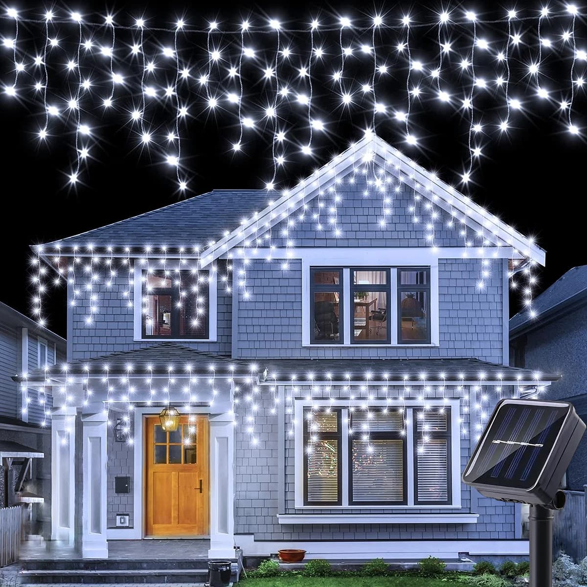 Cascata di luci solari a LED, luci per tende impermeabili da 23 piedi Luci da fata per esterni per decorazioni natalizie del Ramadan del giardino del patio