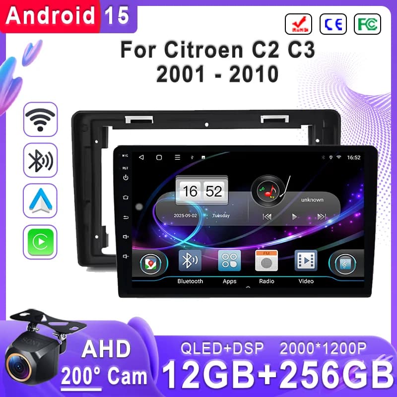 For Citroen C2 C3 2001 - 2010 Multimedia Car Reader Android 15 GPS Navigation Automatic DSP Stereo CarPlay QLED Screen Dash Cam