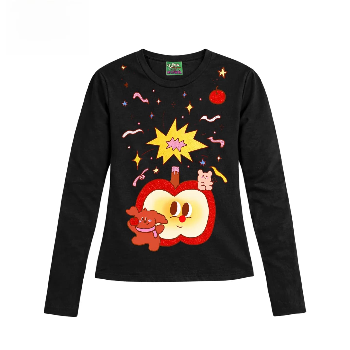 Fun Fruit And Vegetable Splicing T-Shirt Y2K Style Urban Outing Casual Entertainment Cotton Long Sleeve round Neck Short Length