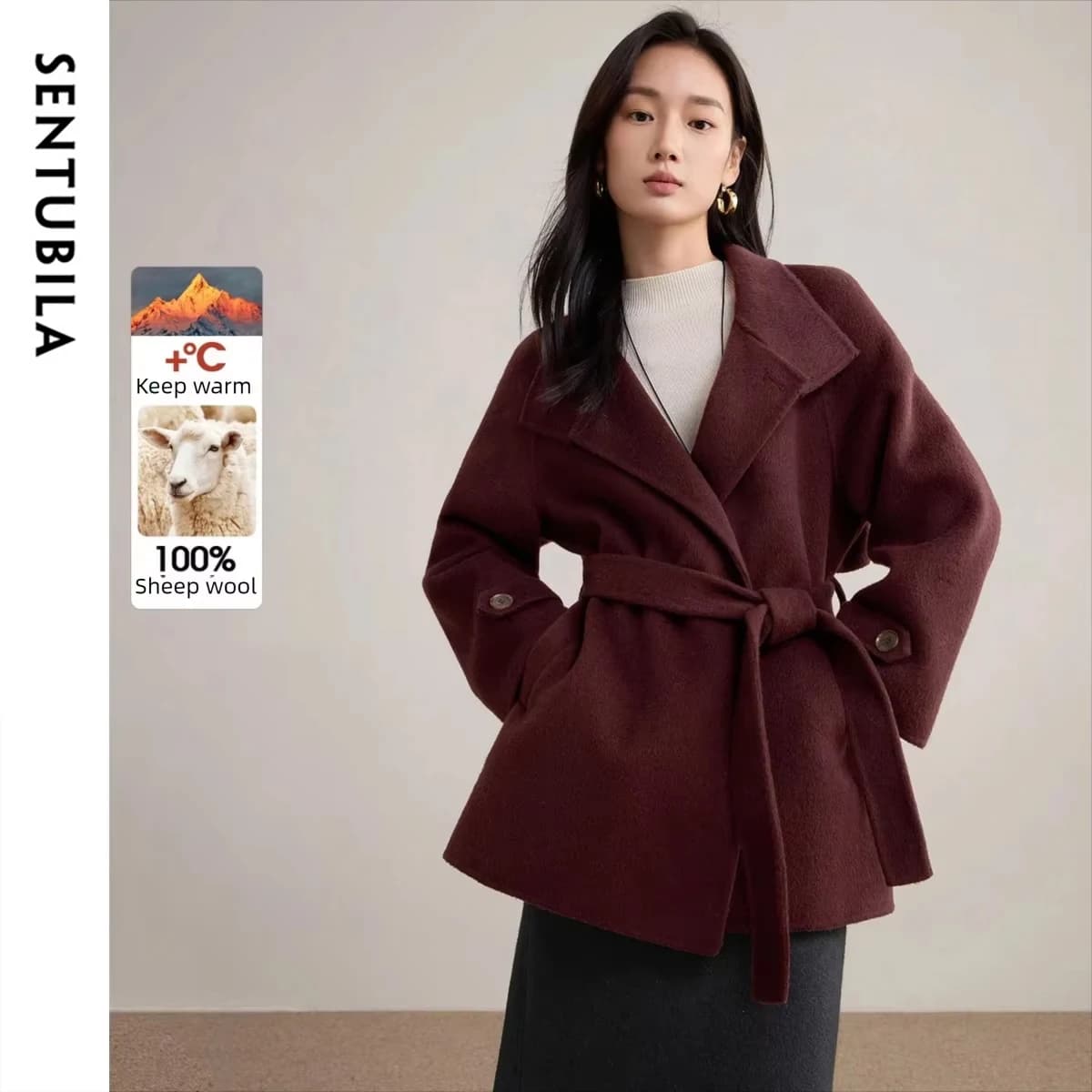 SENTUBILA Women's 100% Wool Coat Ladies Double Faced Belted Overcoat 2026 Winter Unline Warm Outerwear Woman Clothes W54OG8765