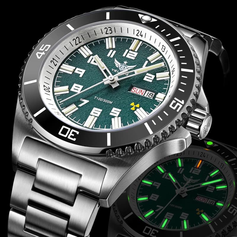 YELANG Orologio automatico da uomo 44mm Orologio da polso meccanico 30Bar Tubi luminosi impermeabili Zaffiro Miyota8205 Doppio calendario