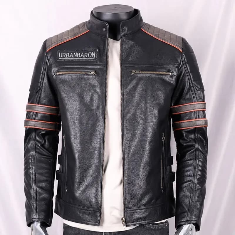 Giacca in vera pelle per uomo colletto corto in piedi con ricamo teschio giacca moto Harley uomo cappotto in pelle di mucca maschile