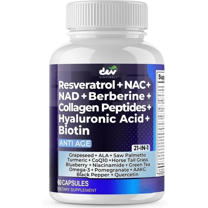 Resveratrolo NAD+Uva e Mirtillo+NAC - Peptidi di Collagene - Integratore per Capelli, Unghie, Pelle e Articolazioni, 60 Capsule